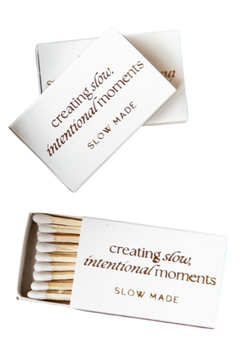 Matches with 'creating slow, intentional moments' text on a white background