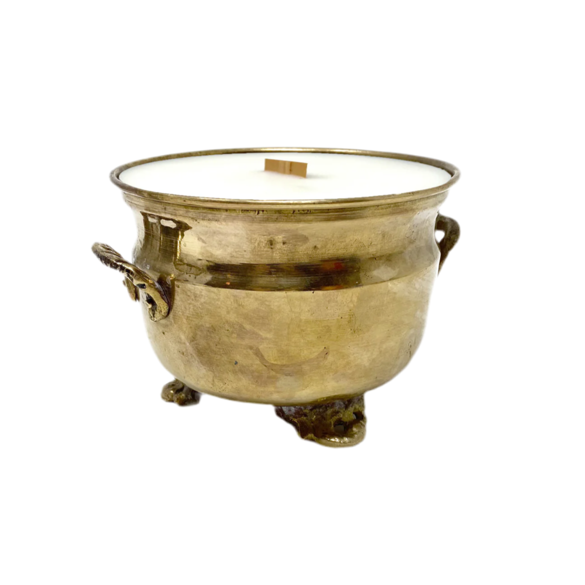 Brass footed bowl with handles on a white background
