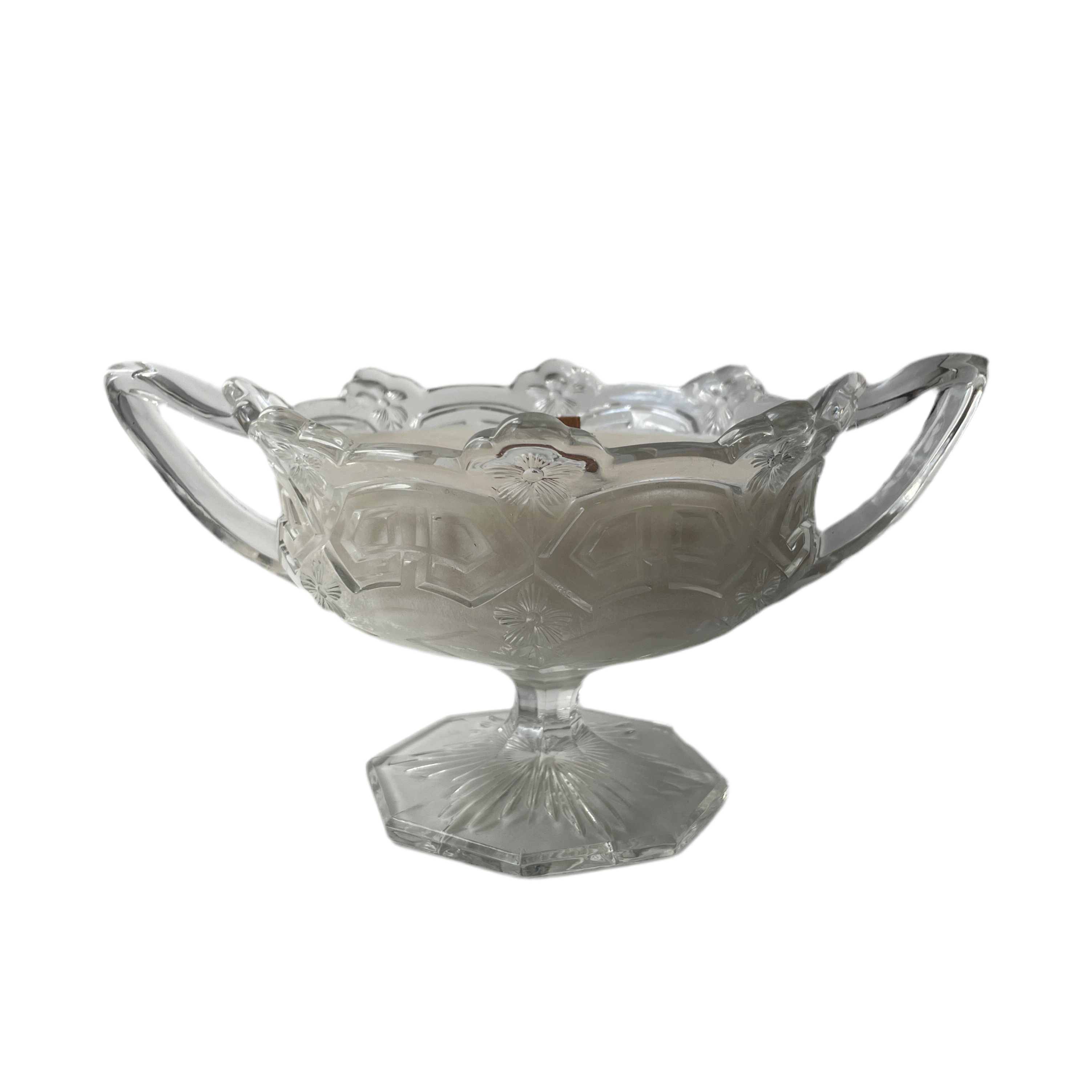 Decorative glass bowl with handles on a white background