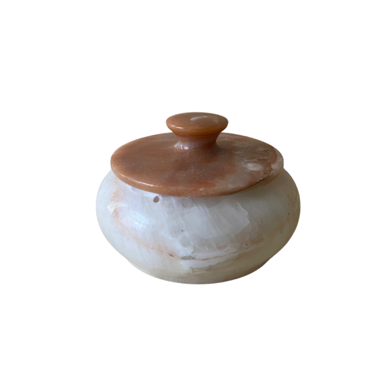 Decorative jar with a brown lid on a white background